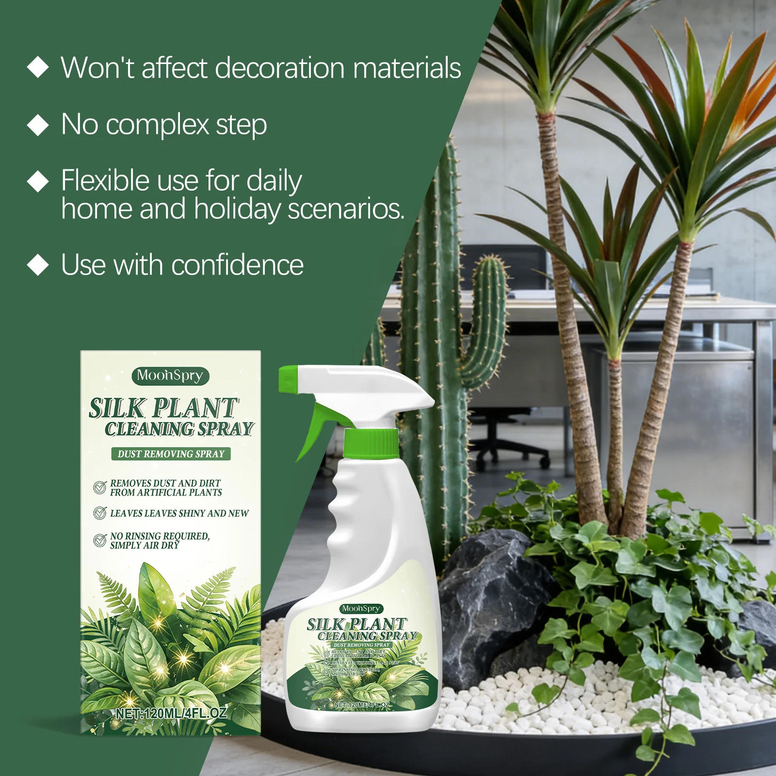 MoonSpry Silk Plant Cleaning Spray - Artificial Plant Dust Remover & Luster Enhancer 8 silk plant cleaning spray moo huwfztun desc 8