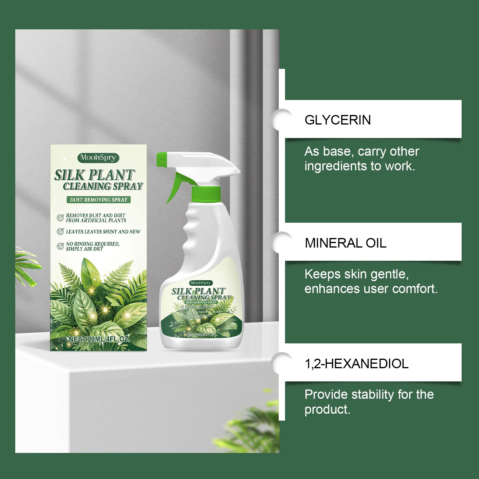 MoonSpry Silk Plant Cleaning Spray - Artificial Plant Dust Remover & Luster Enhancer 9 silk plant cleaning spray moo huwfztun desc 9